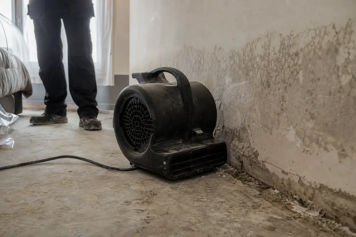 Illustration : turbine d'assèchement dirigée vers le bas d'un mur humide dans une chambre