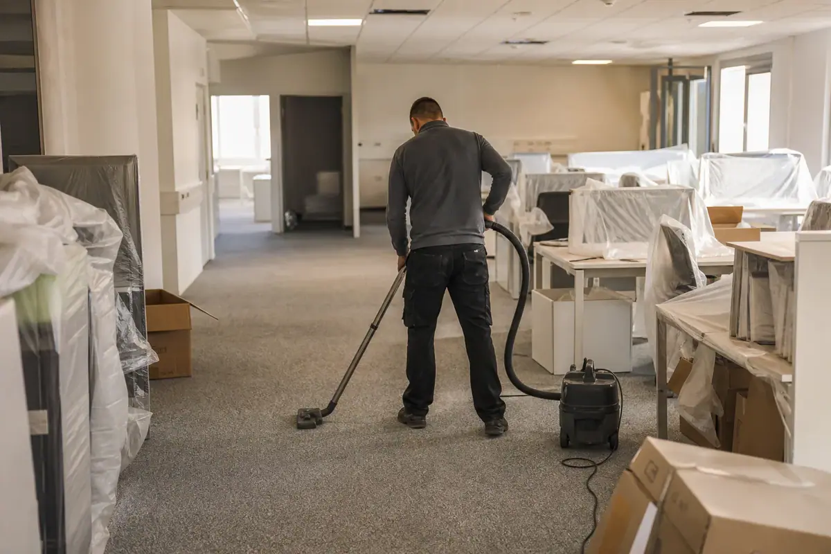 Illustration : agent passant l'aspirateur dans des bureaux après travaux