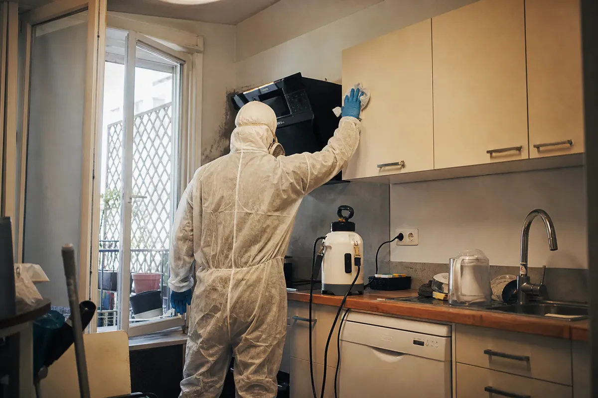 Illustration : technicien en combinaison nettoyant une cuisine lors d'une décontamination après incendie