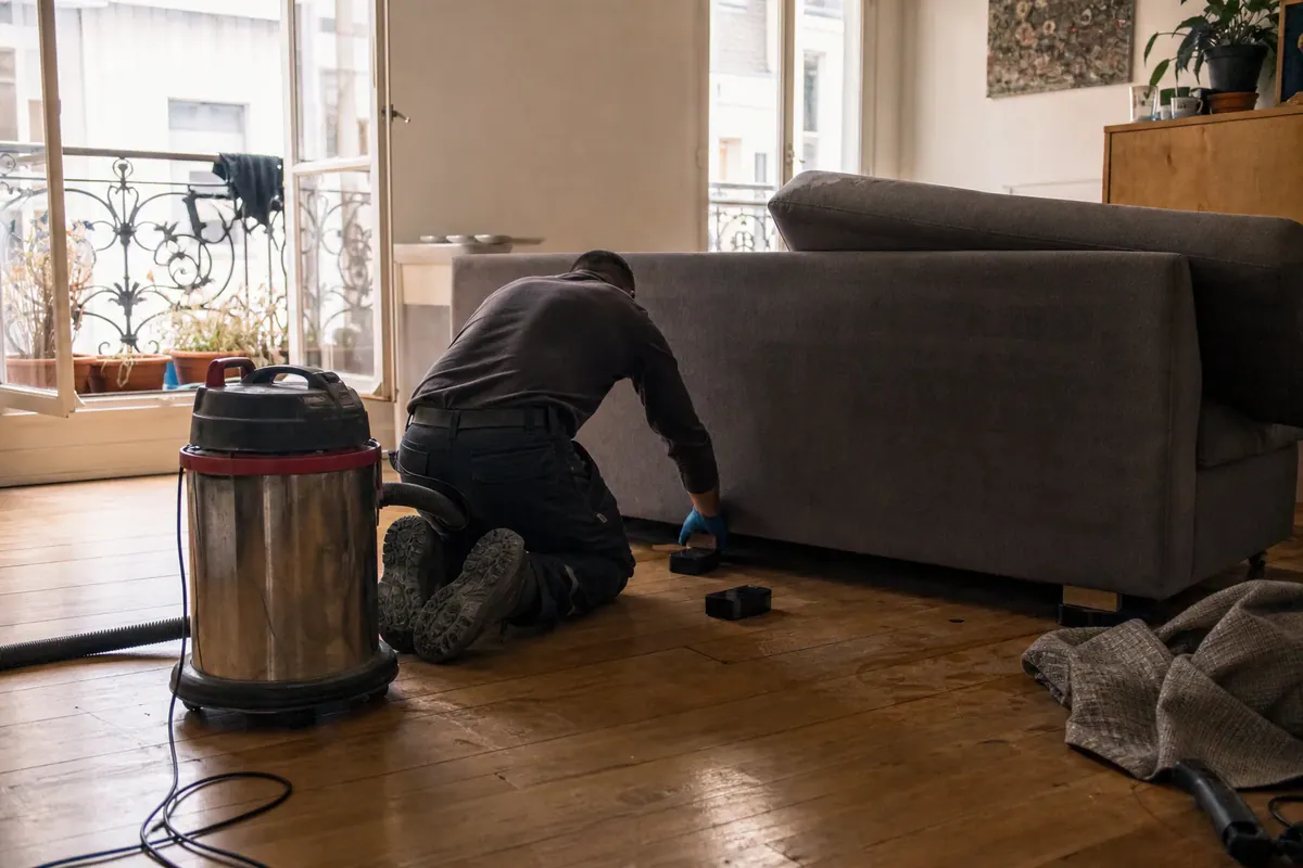 Illustration : technicien surélevant un canapé sur des cales dans un salon après un dégât des eaux