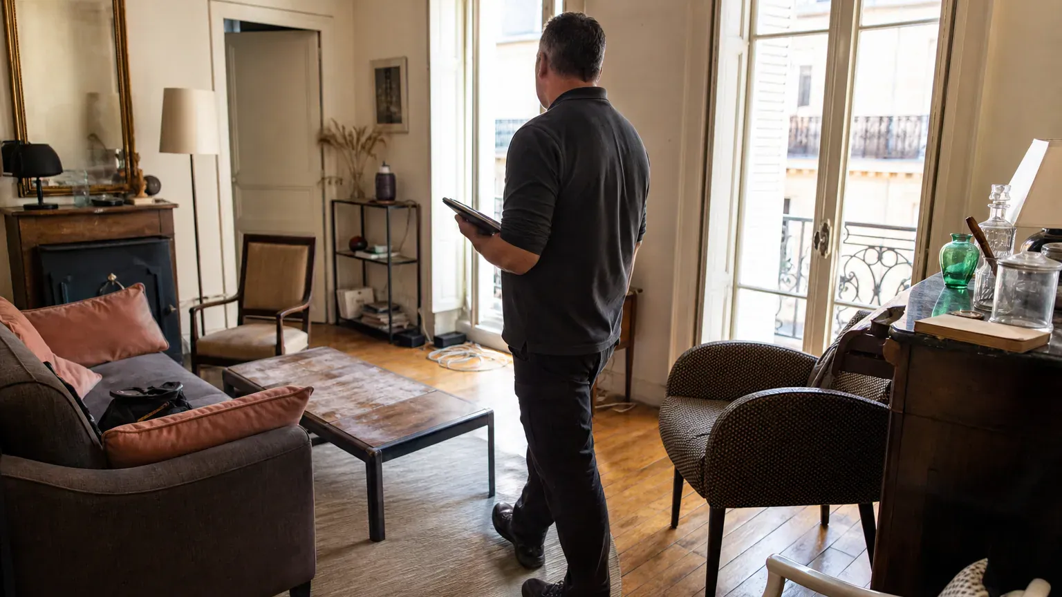 Technicien évaluant un salon avant d'établir le devis d'un nettoyage après décès