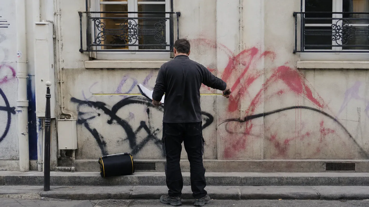 Technicien mesurant la surface d'un mur tagué pour chiffrer le coût du nettoyage de graffiti
