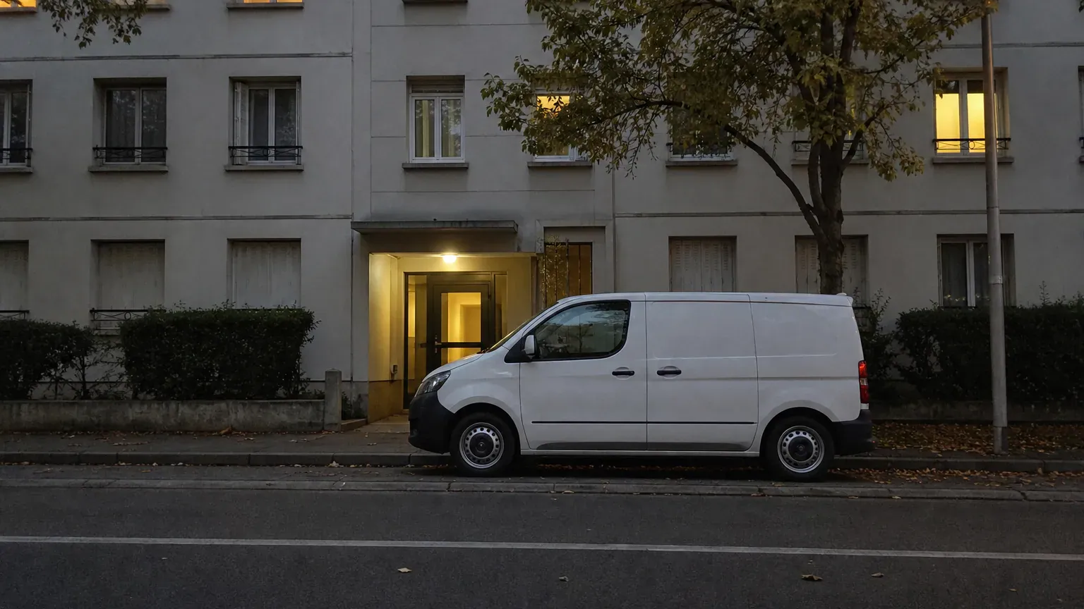 Utilitaire d'intervention stationné devant une entrée d'immeuble au crépuscule après la découverte d'un décès