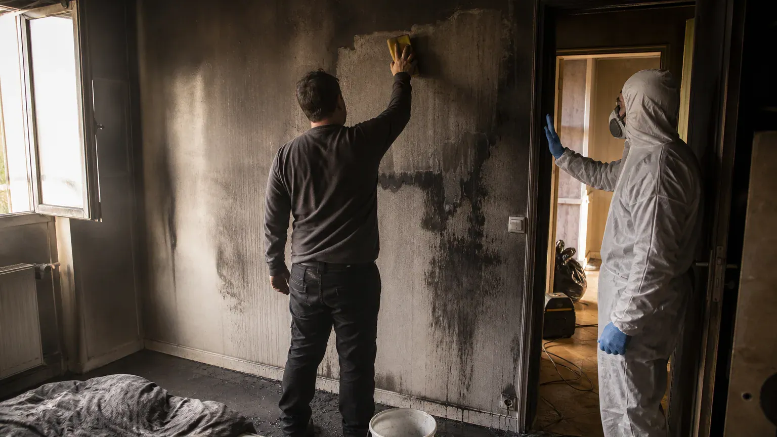 Technicien arrêtant un occupant qui frotte un mur noirci, une erreur courante après un incendie