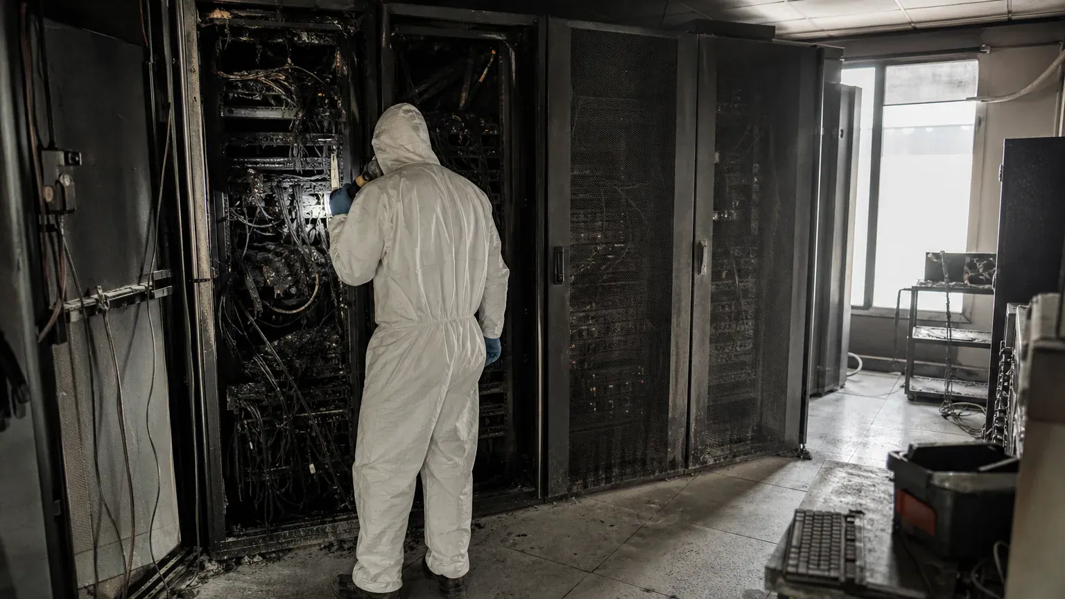 Technicien inspectant une baie informatique noircie dans une salle serveur après un incendie