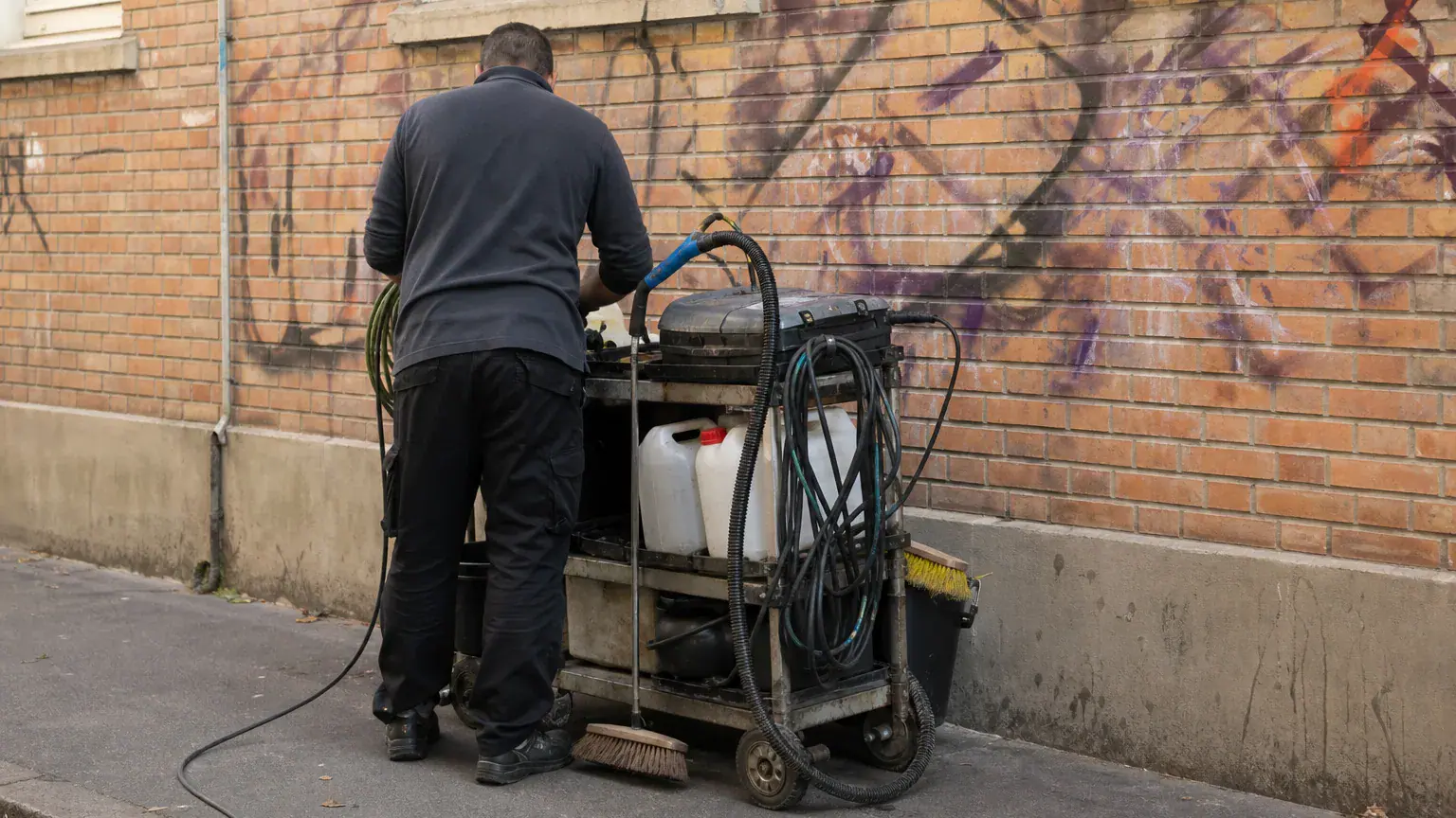 Matériel de nettoyage de graffitis adapté à chaque surface devant un mur en brique tagué