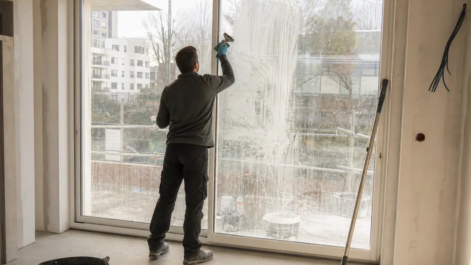Agent nettoyant au grattoir une baie vitrée tachée de plâtre après travaux
