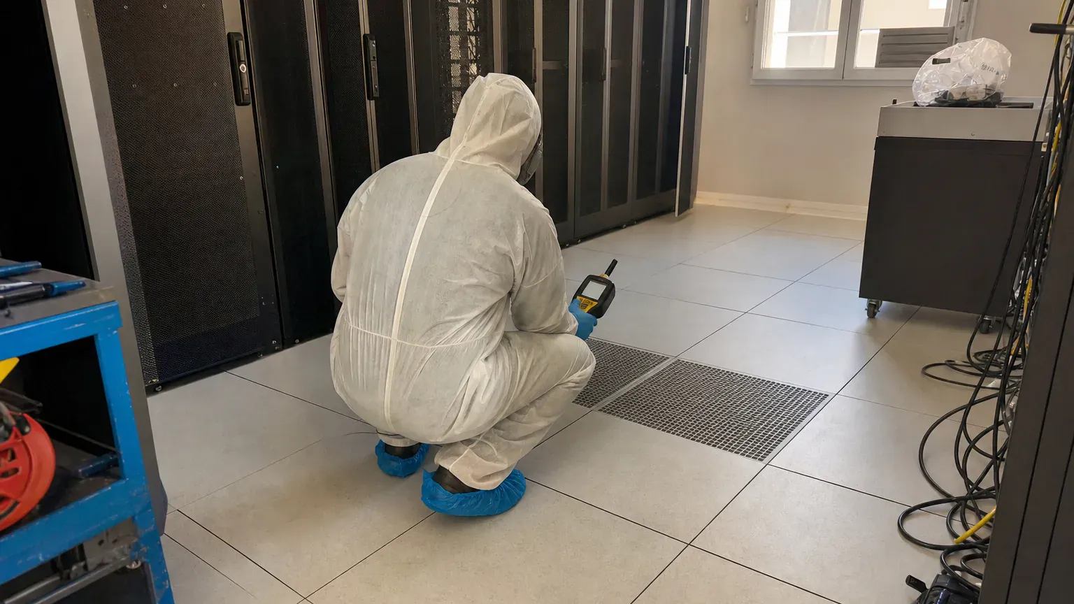 Technicien mesurant les particules d'air dans une salle serveur, contrôle norme ISO 14644