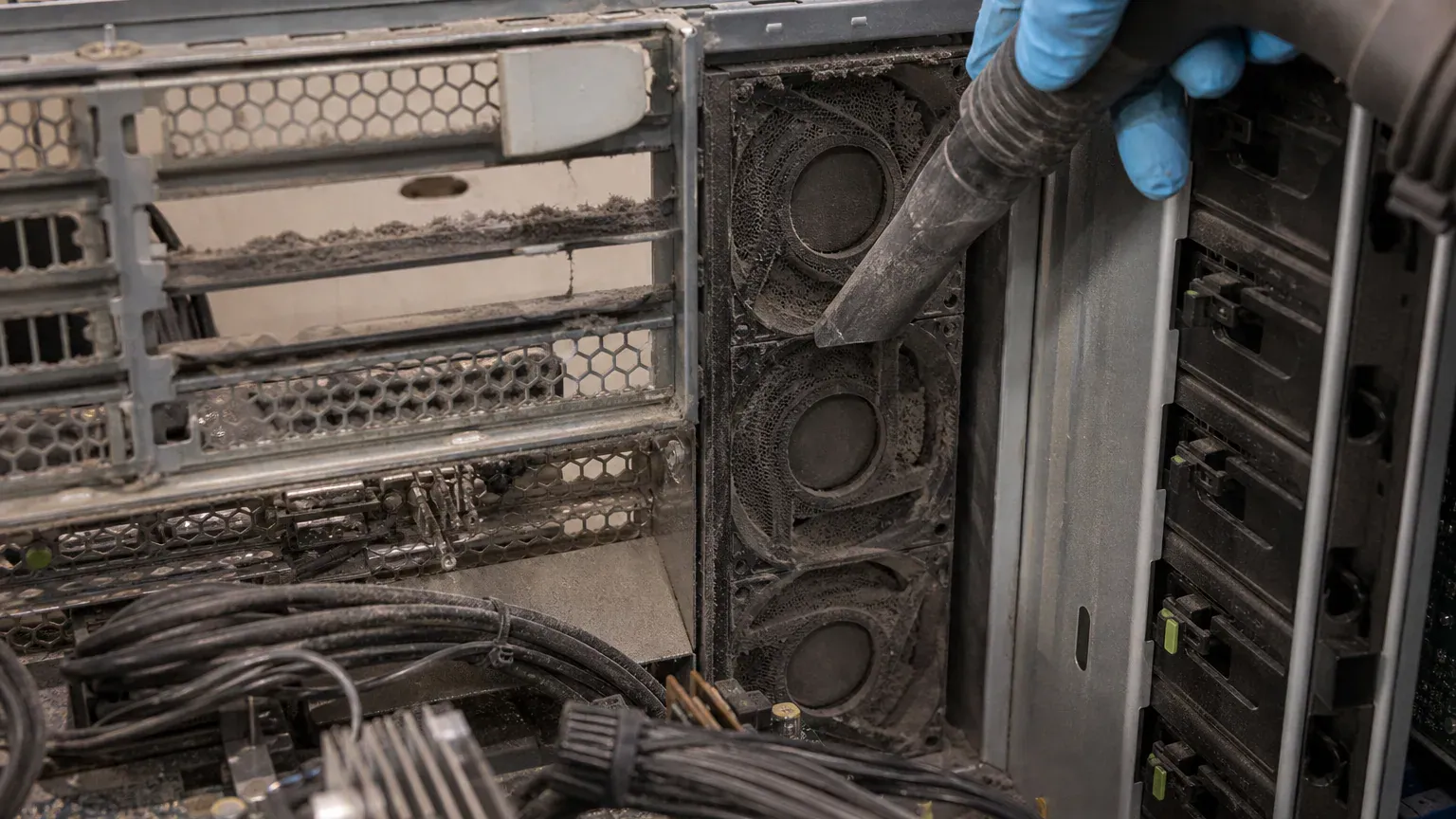 Poussière accumulée sur les ventilateurs d'une baie informatique dans un data center