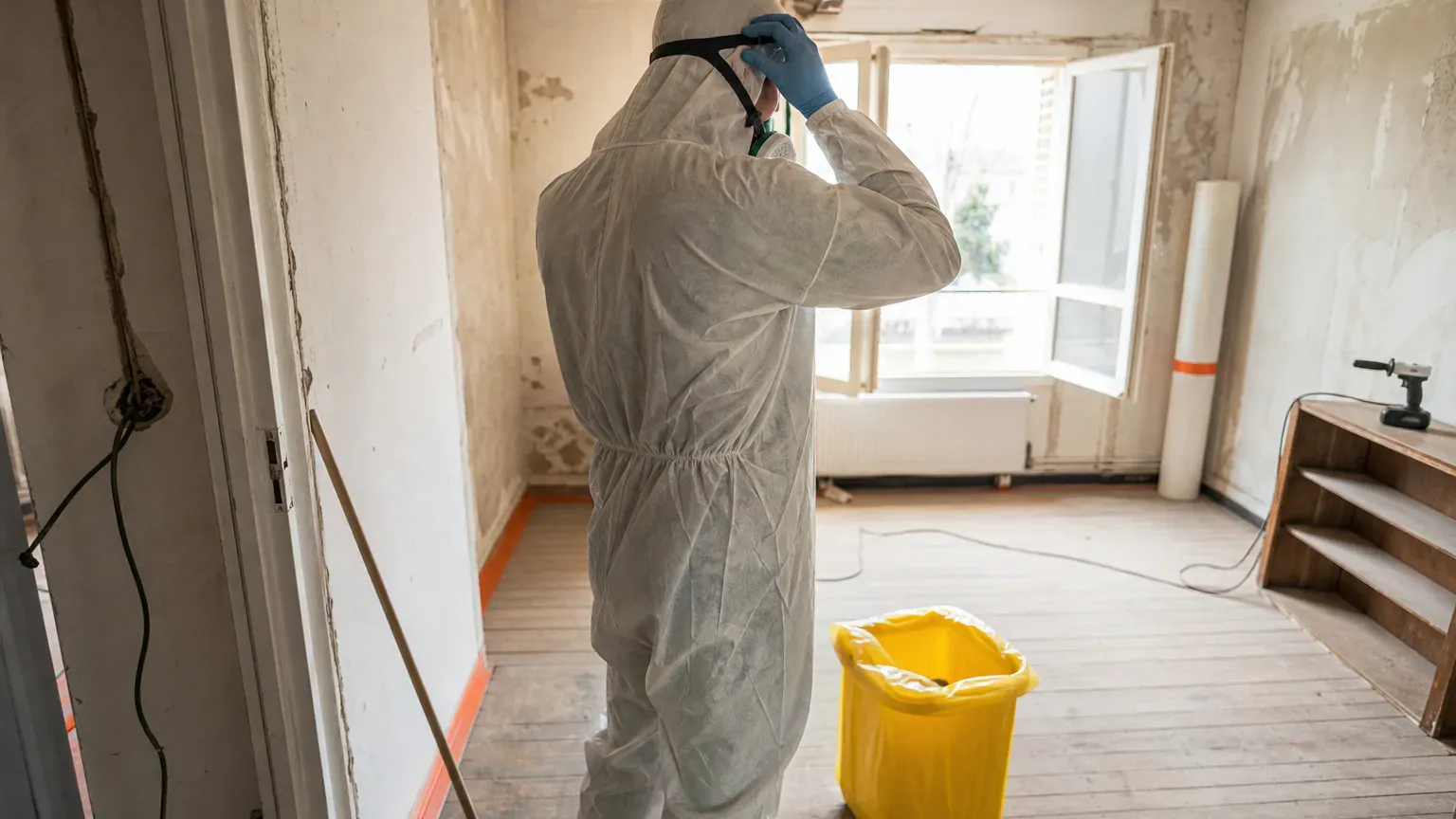 Technicien ajustant son masque près d'un conteneur à déchets infectieux face aux risques biologiques après décès