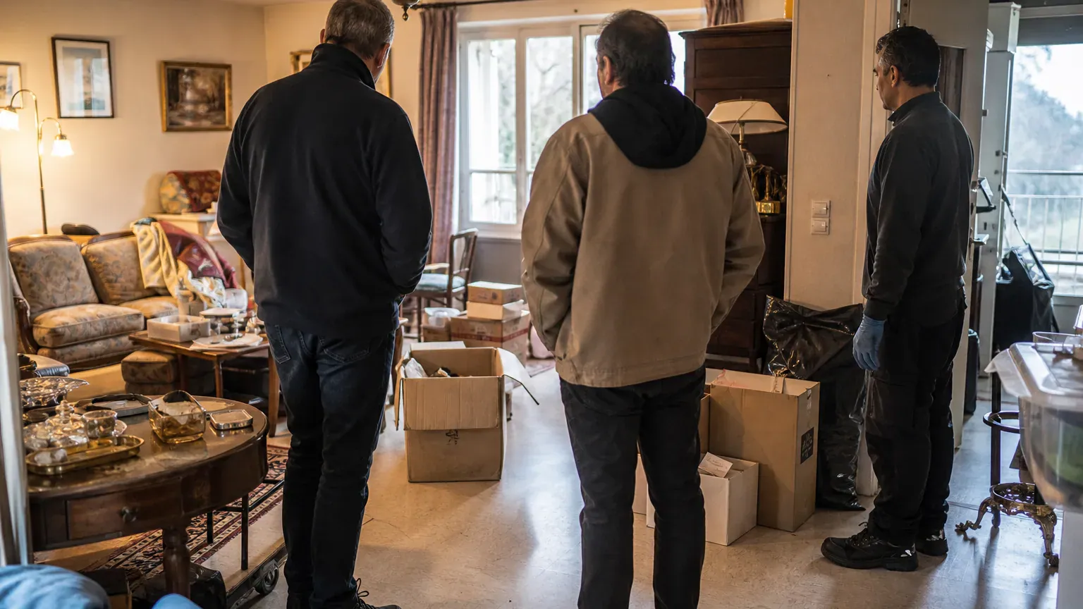 Héritiers face aux meubles et cartons à trier dans le logement d'un défunt avant le nettoyage