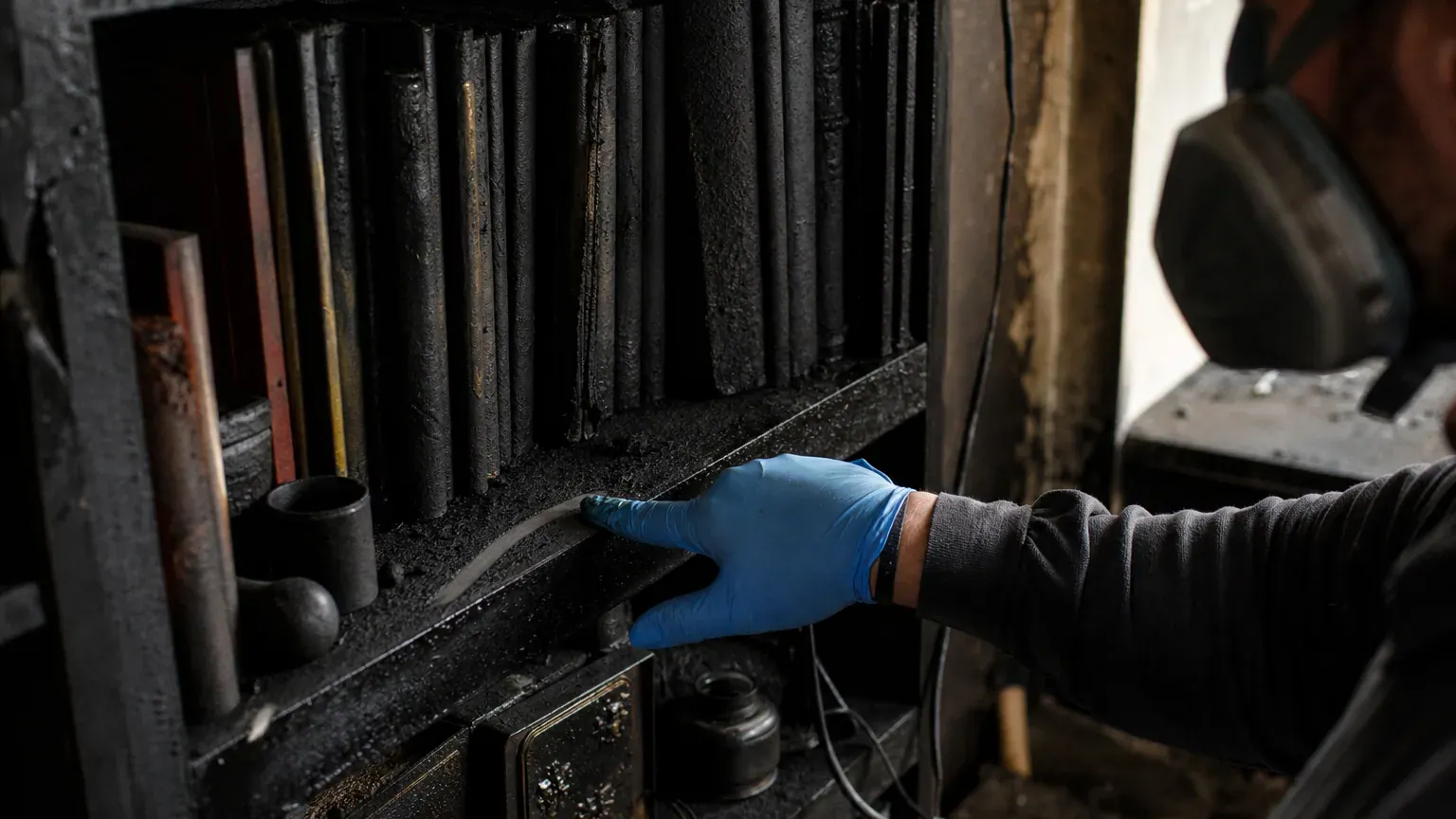 Suie grasse déposée sur une étagère et des livres après un incendie