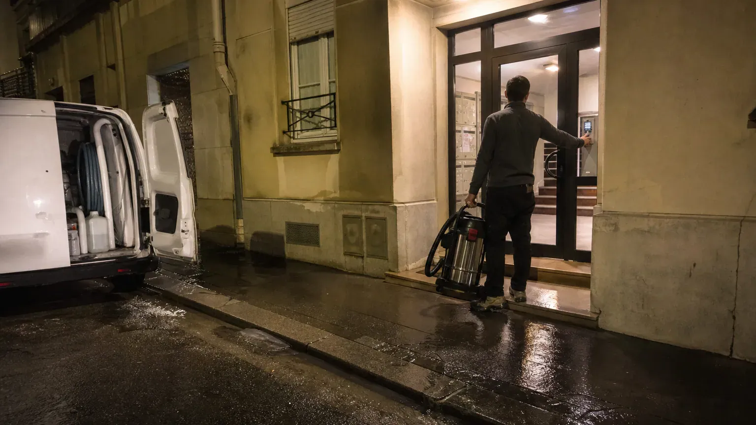 Technicien arrivant de nuit devant un immeuble avec son matériel pour une urgence sinistre 24h/24