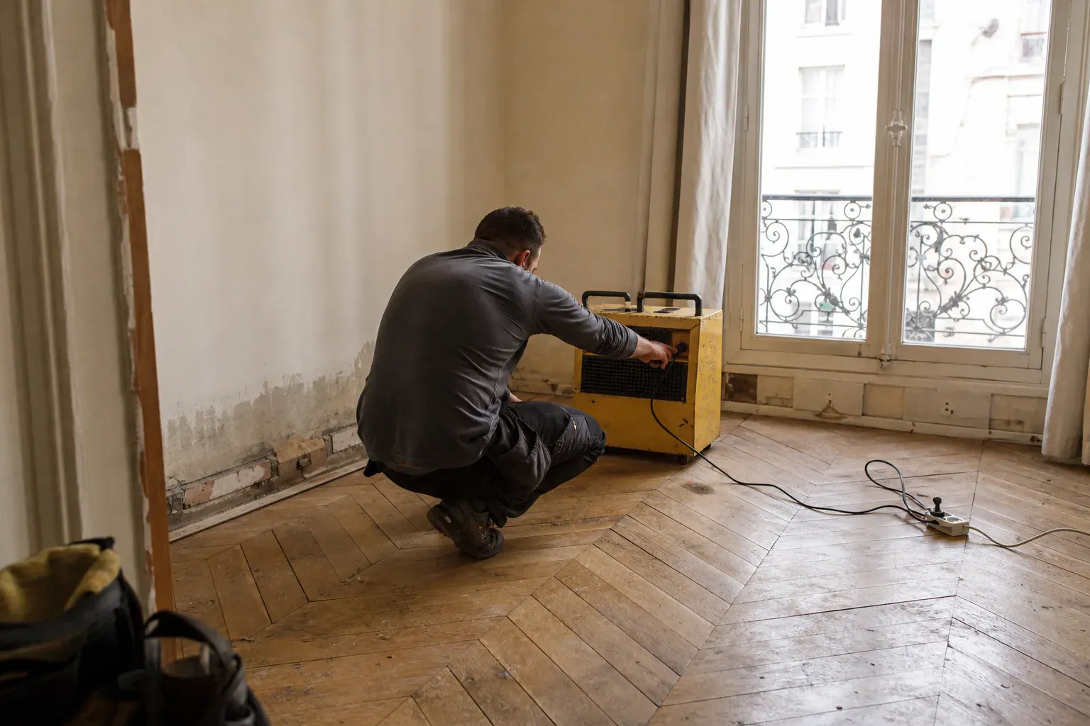 Technicien réglant un déshumidificateur professionnel dans un appartement haussmannien pour l'assèchement des murs à Paris