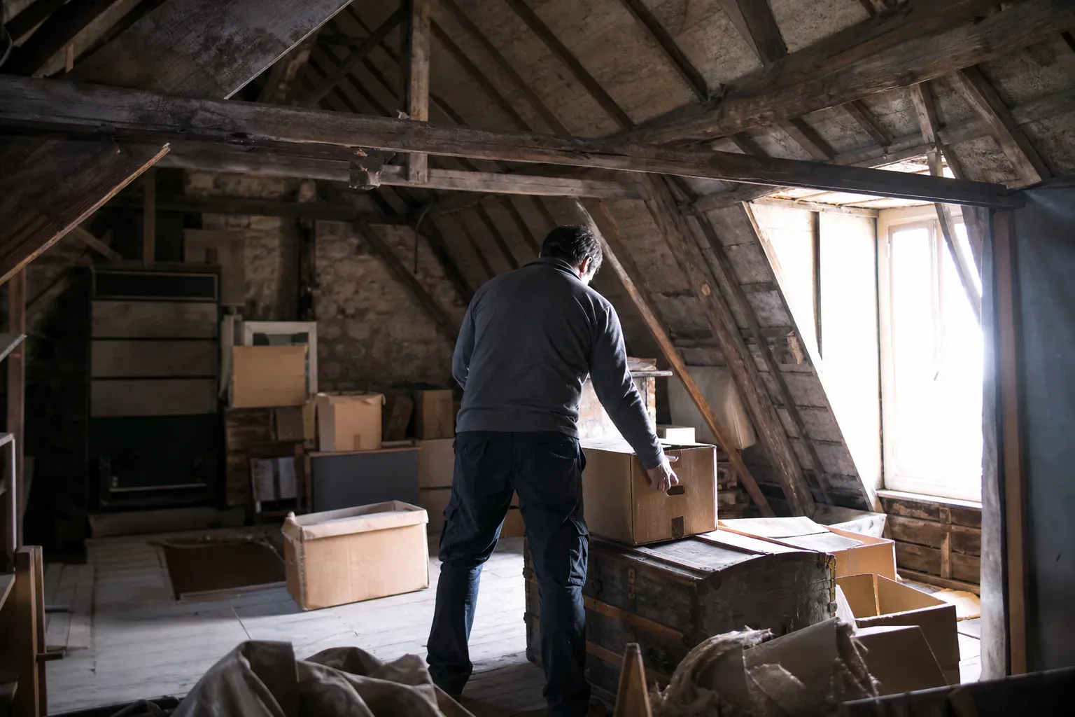 Débarras d'un grenier aux poutres apparentes dans une maison de Seine-et-Marne