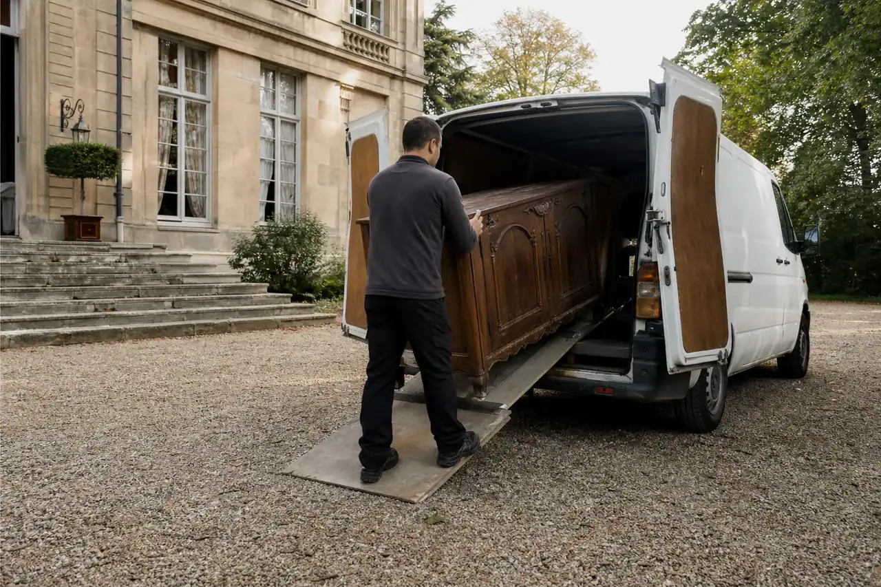 Chargement d'un buffet ancien dans un camion lors d'un débarras dans les Yvelines