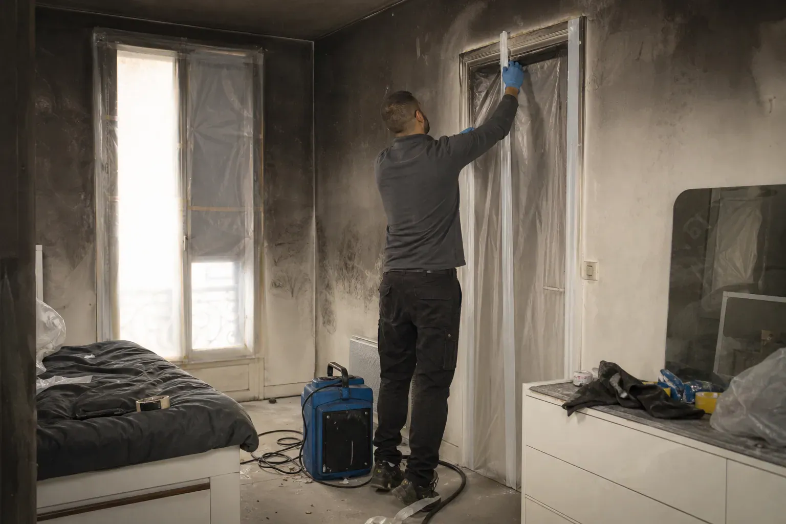 Générateur d'ozone installé dans une chambre enfumée des Hauts-de-Seine pour désodoriser après incendie