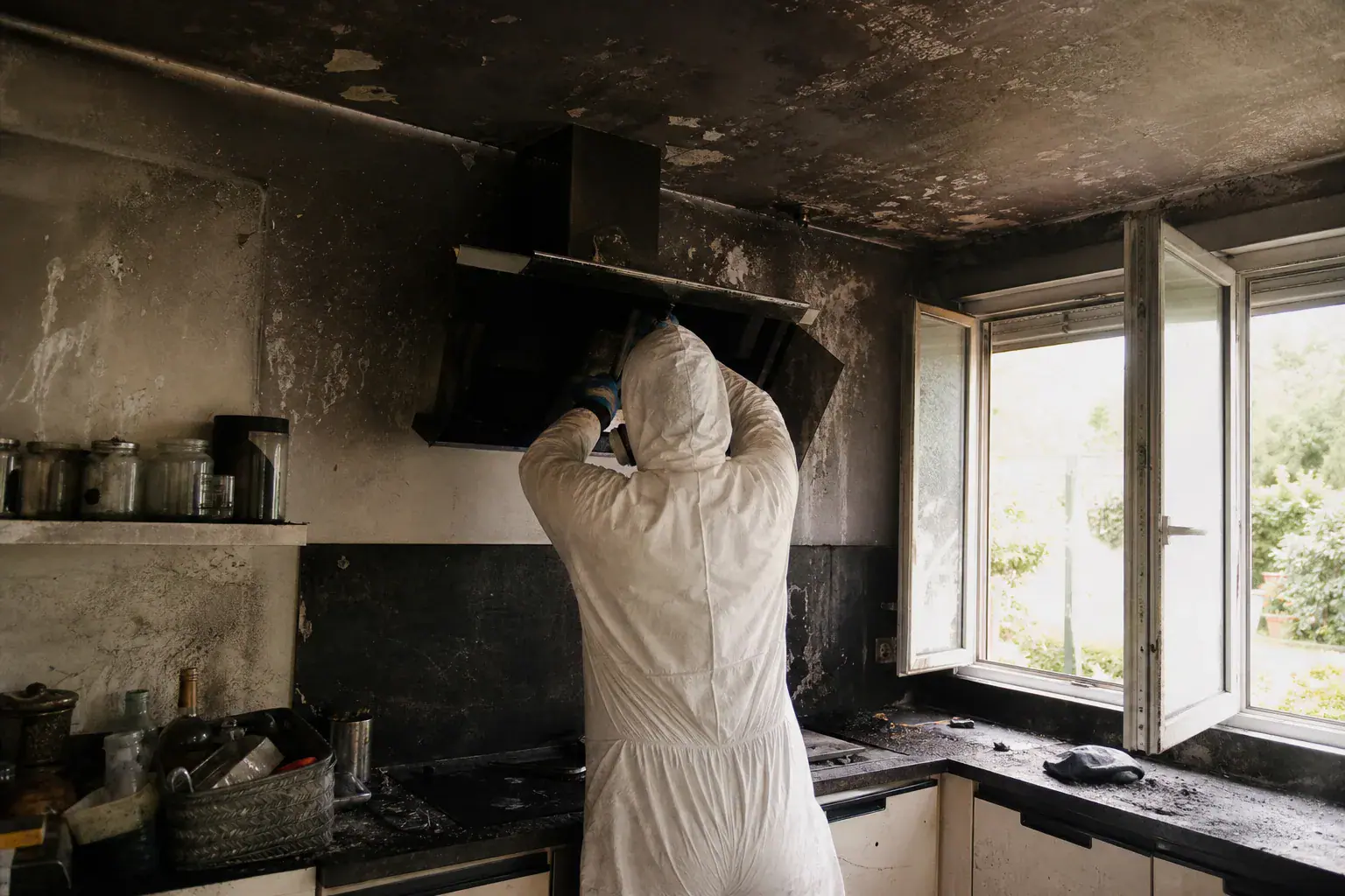 Démontage d'une hotte noircie dans une cuisine de Seine-et-Marne lors d'une décontamination après incendie