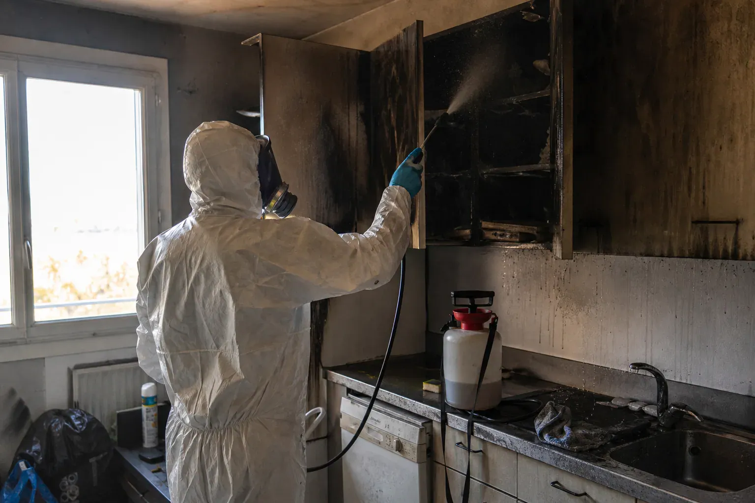 Nettoyage des suies sur des placards de cuisine carbonisés dans un appartement du Val-d'Oise