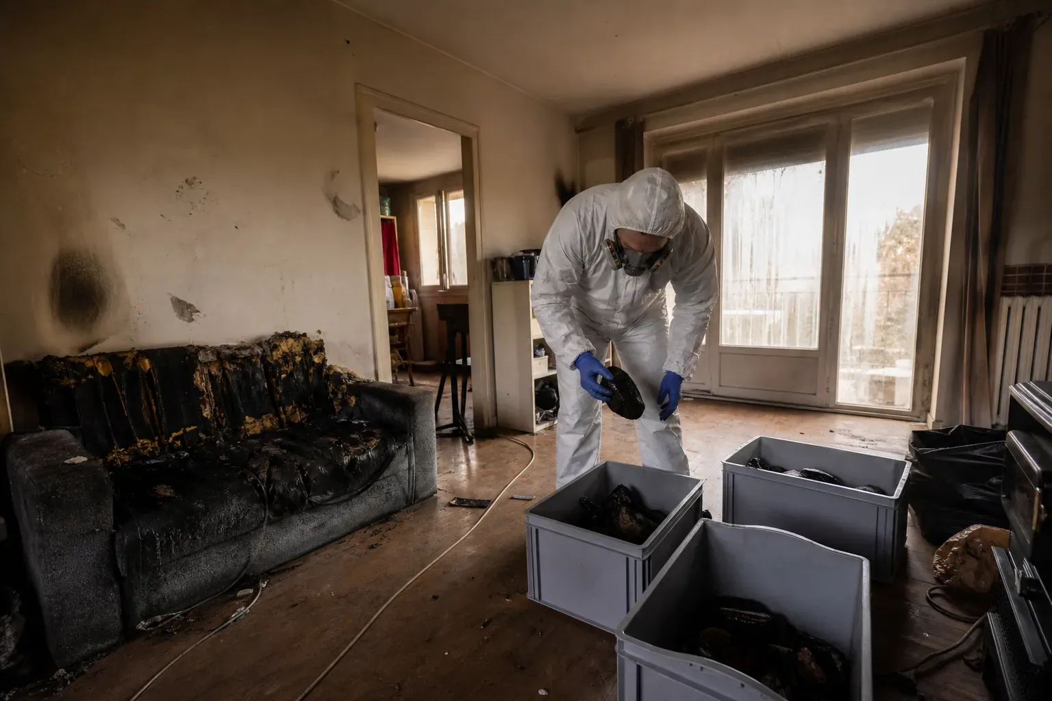 Tri des objets noircis par la fumée dans un pavillon du Val-de-Marne avant décontamination après incendie