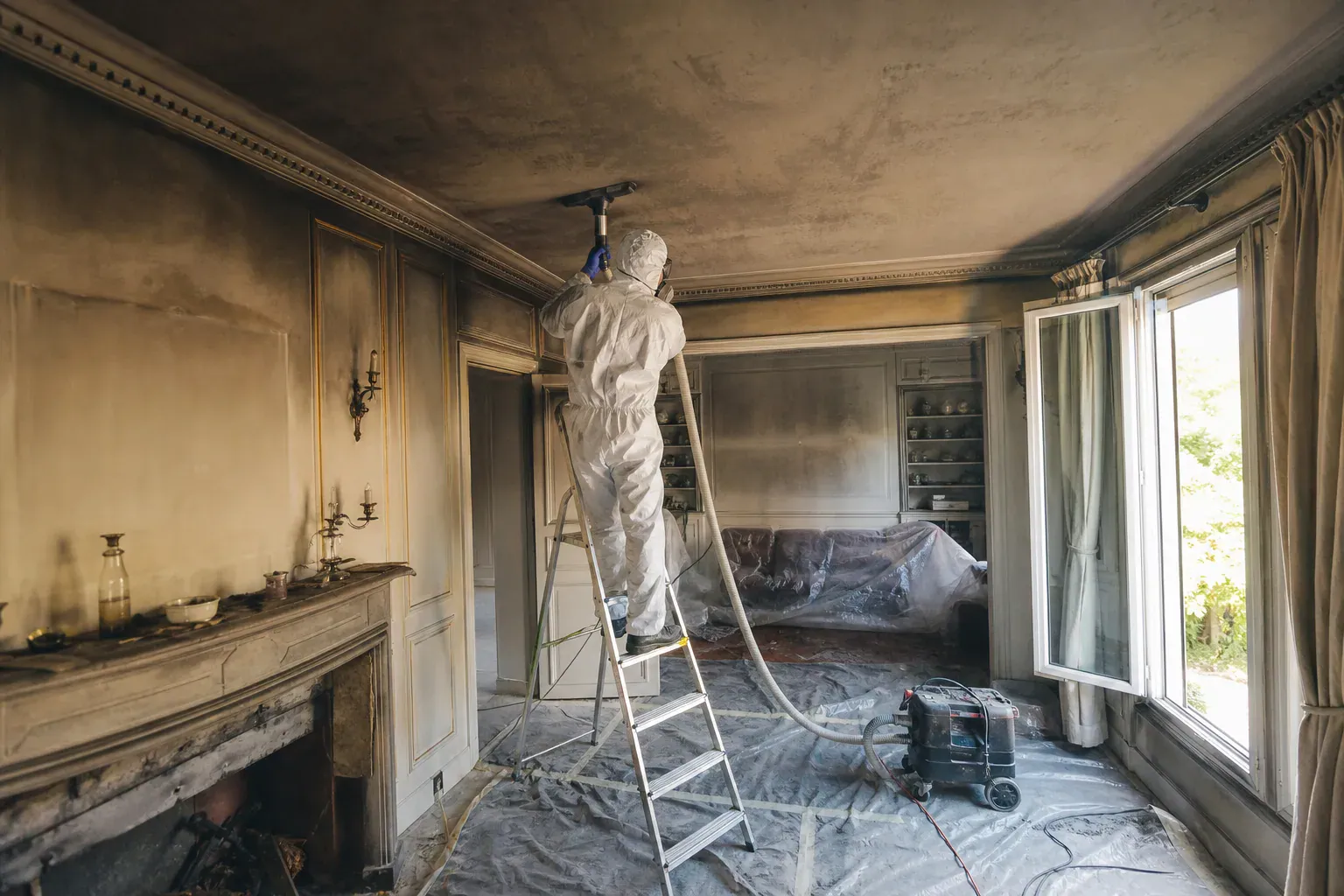Aspiration de la suie sur des moulures dans un salon des Yvelines après un incendie