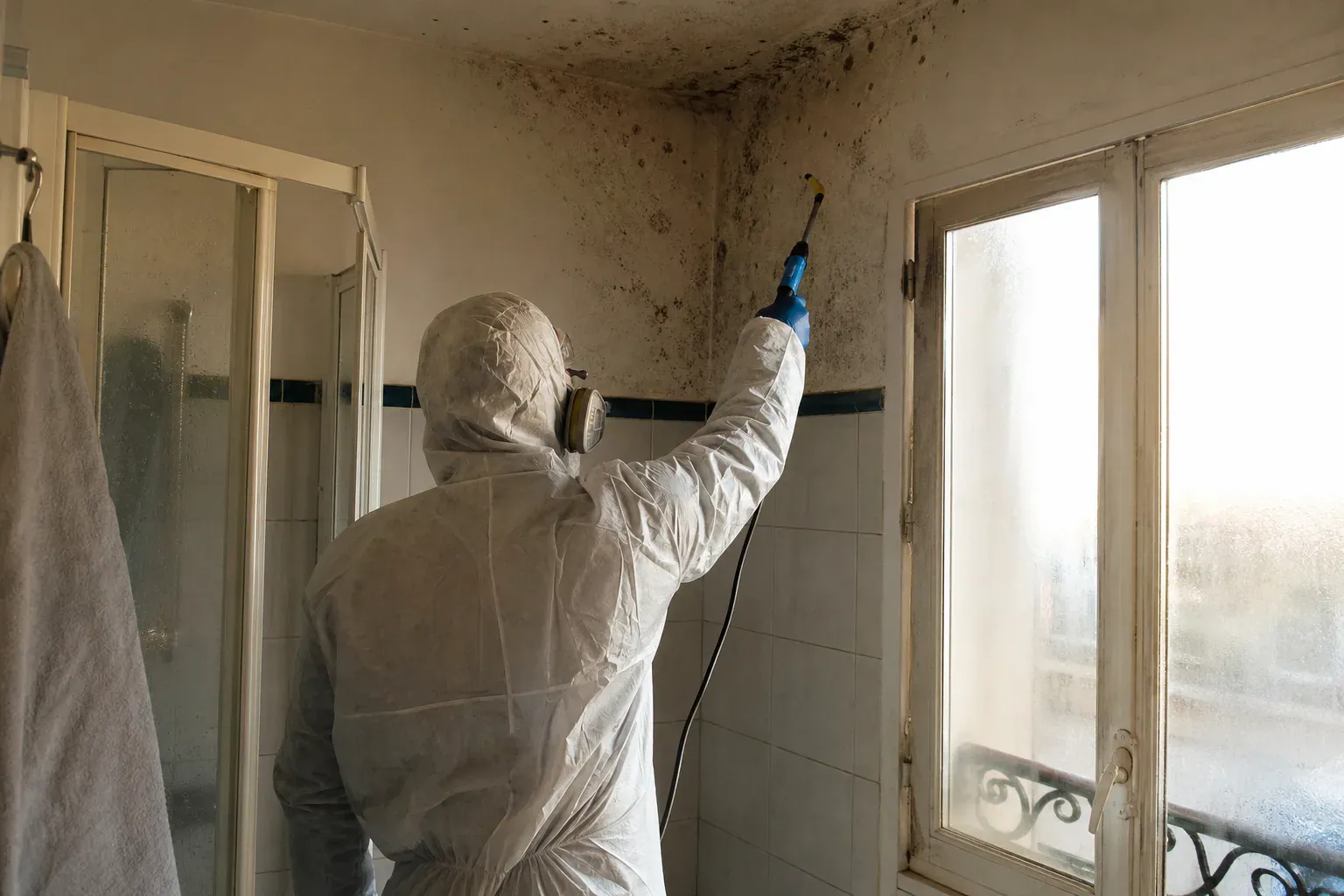 Technicien traitant des moisissures noires au plafond d'une salle de bains parisienne lors d'une décontamination