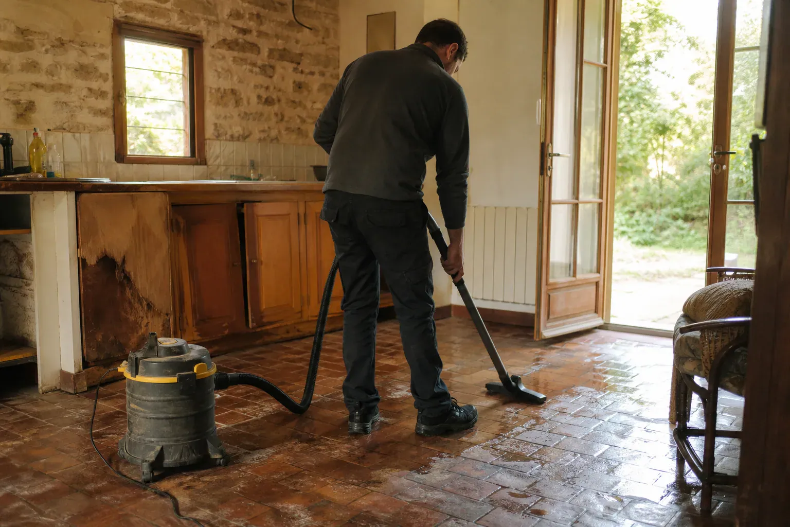 Aspiration de l'eau sur un carrelage en terre cuite dans une maison de Seine-et-Marne après un dégât des eaux