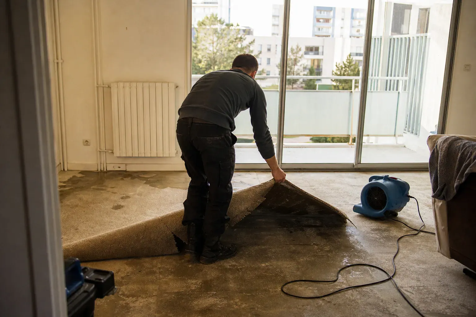 Retrait d'une moquette détrempée dans un appartement de Cergy, dans le Val-d'Oise, après un dégât des eaux