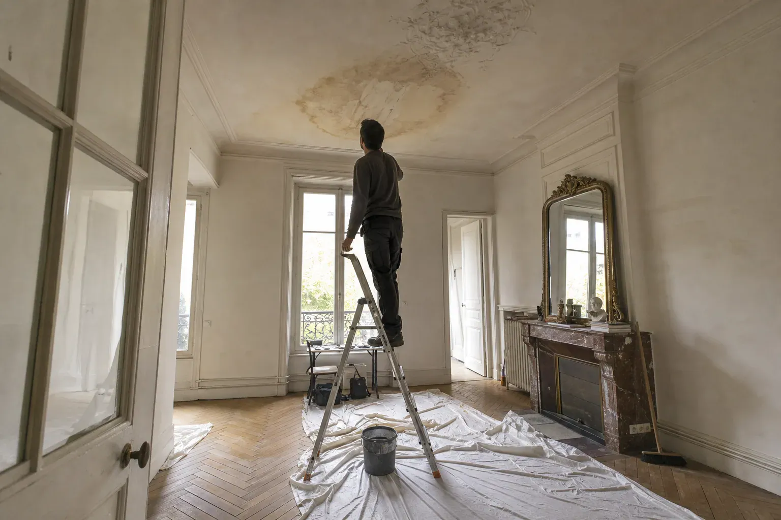 Inspection d'un plafond mouluré taché par une fuite dans un appartement des Yvelines après dégât des eaux