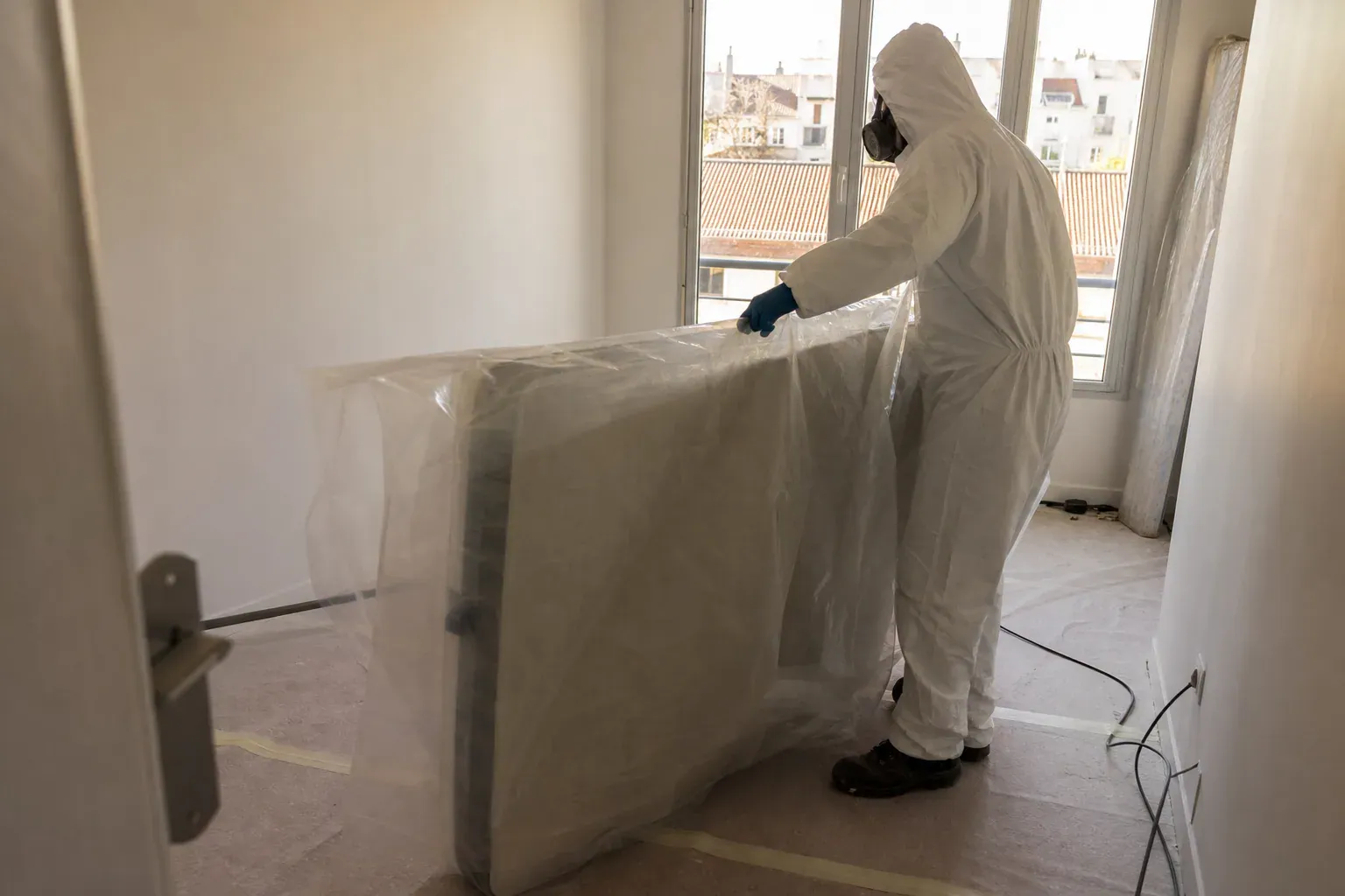 Emballage d'un sommier sous film plastique dans un appartement du Val-d'Oise lors d'un nettoyage après décès