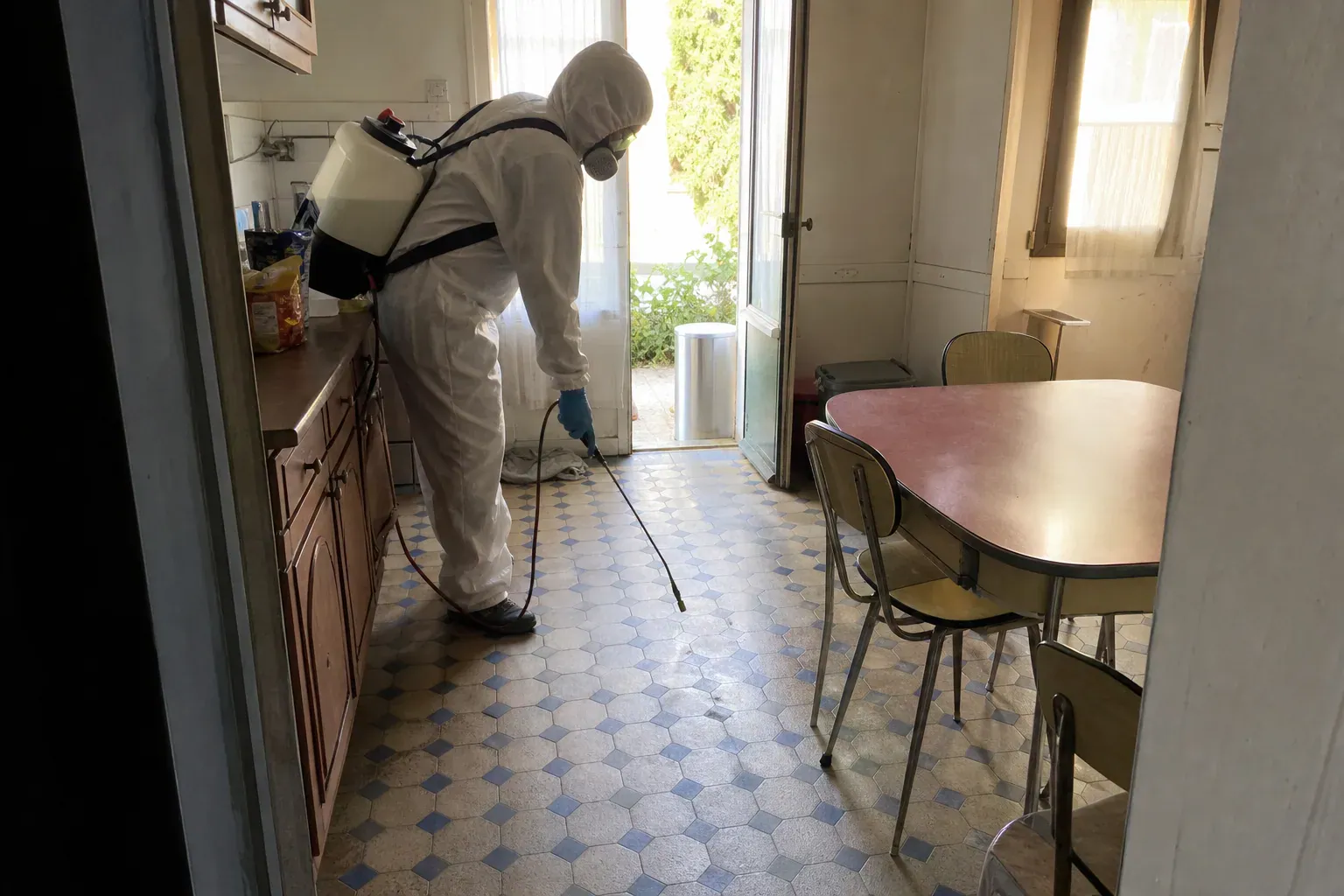 Désinfection du sol d'une cuisine dans un pavillon du Val-de-Marne après un décès