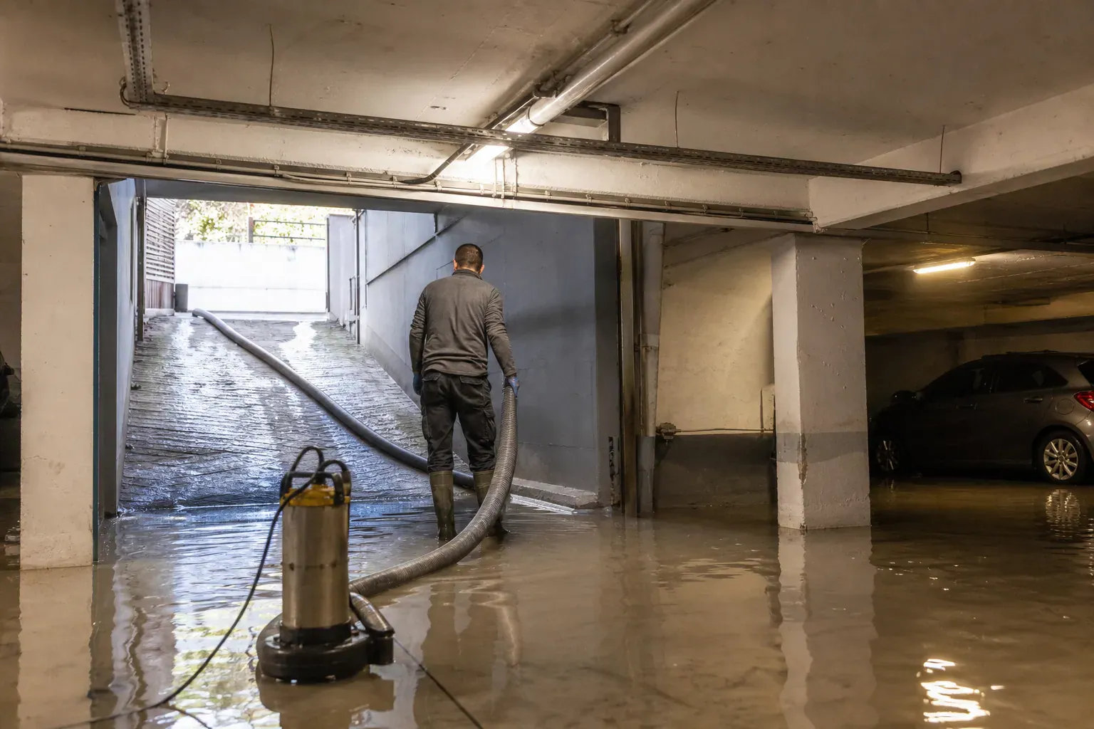 Pompage d'un parking souterrain inondé dans un immeuble parisien