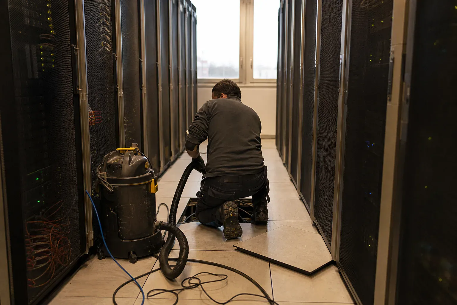 Technicien aspirant sous le faux plancher d'une salle serveur lors d'un nettoyage de data center
