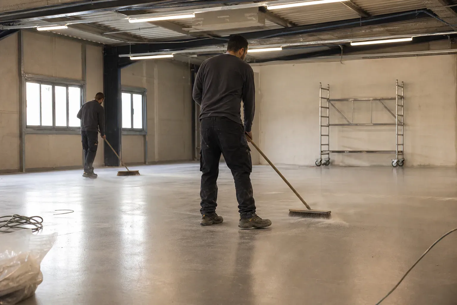 Balayage de la poussière de chantier dans un local d'activité neuf en Essonne lors du nettoyage de fin de chantier