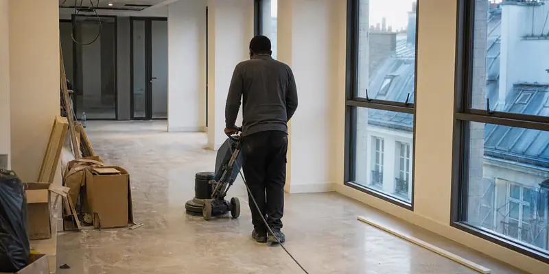 Autolaveuse sur un sol de bureaux rénovés, service de nettoyage de fin de chantier