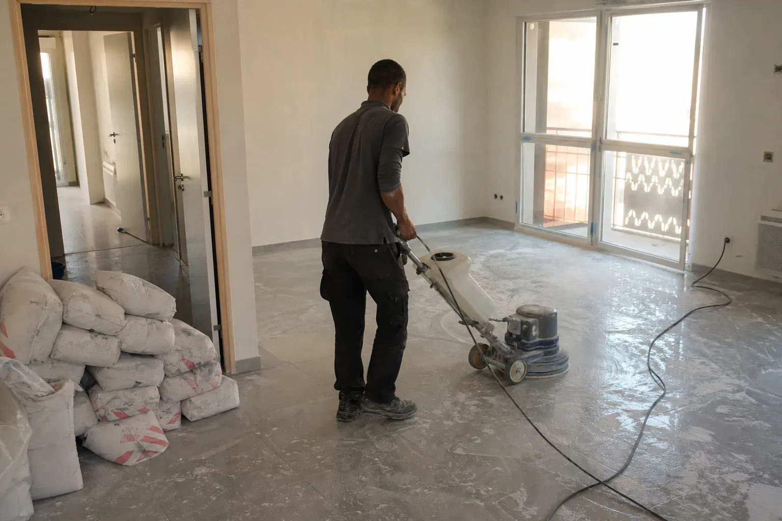 Nettoyage d'un carrelage couvert de laitance de ciment dans un logement neuf de Seine-Saint-Denis