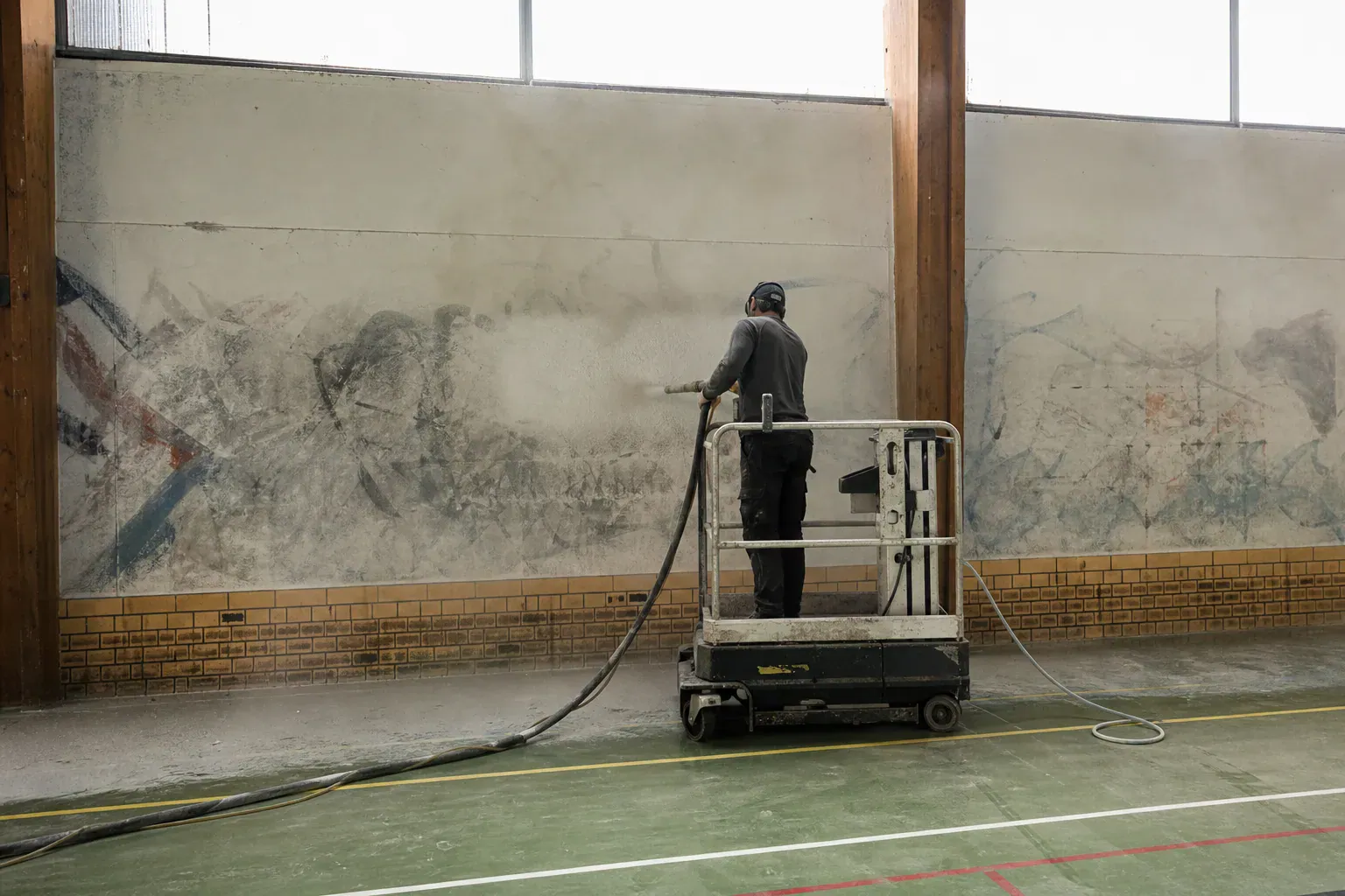 Hydrogommage de tags sur le mur d'un gymnase en Essonne