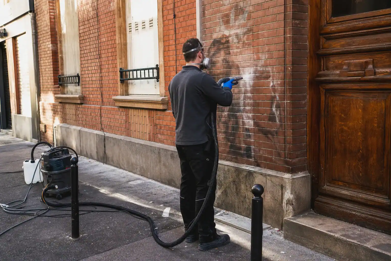 Micro-gommage d'un tag sur une façade en brique dans les Hauts-de-Seine