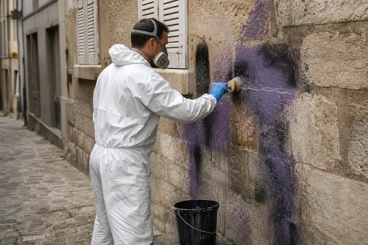 Application d'un gel décapant sur des tags d'un mur en pierre à Meaux, en Seine-et-Marne
