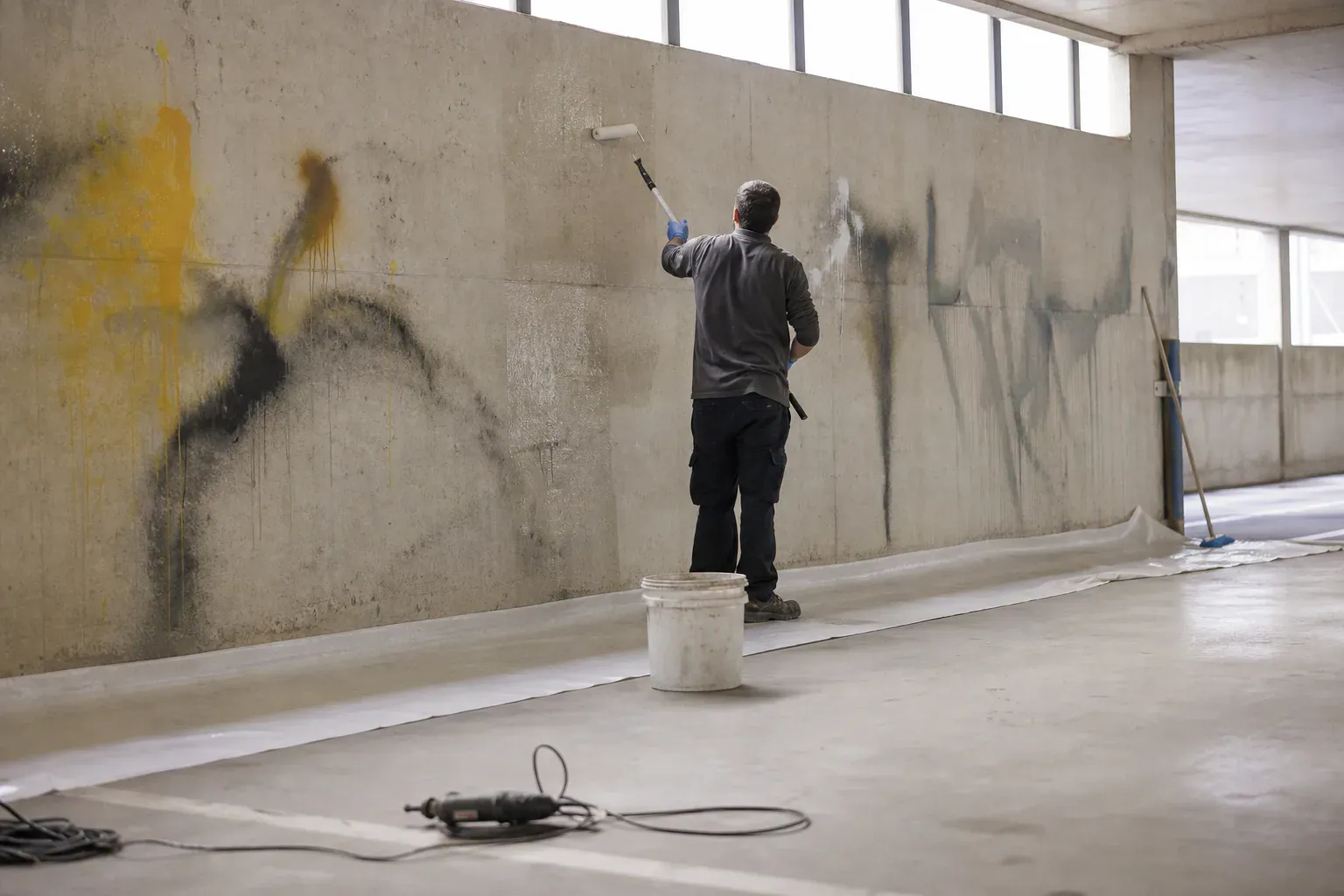 Application d'un vernis anti-graffiti sur un mur en béton à Cergy, dans le Val-d'Oise