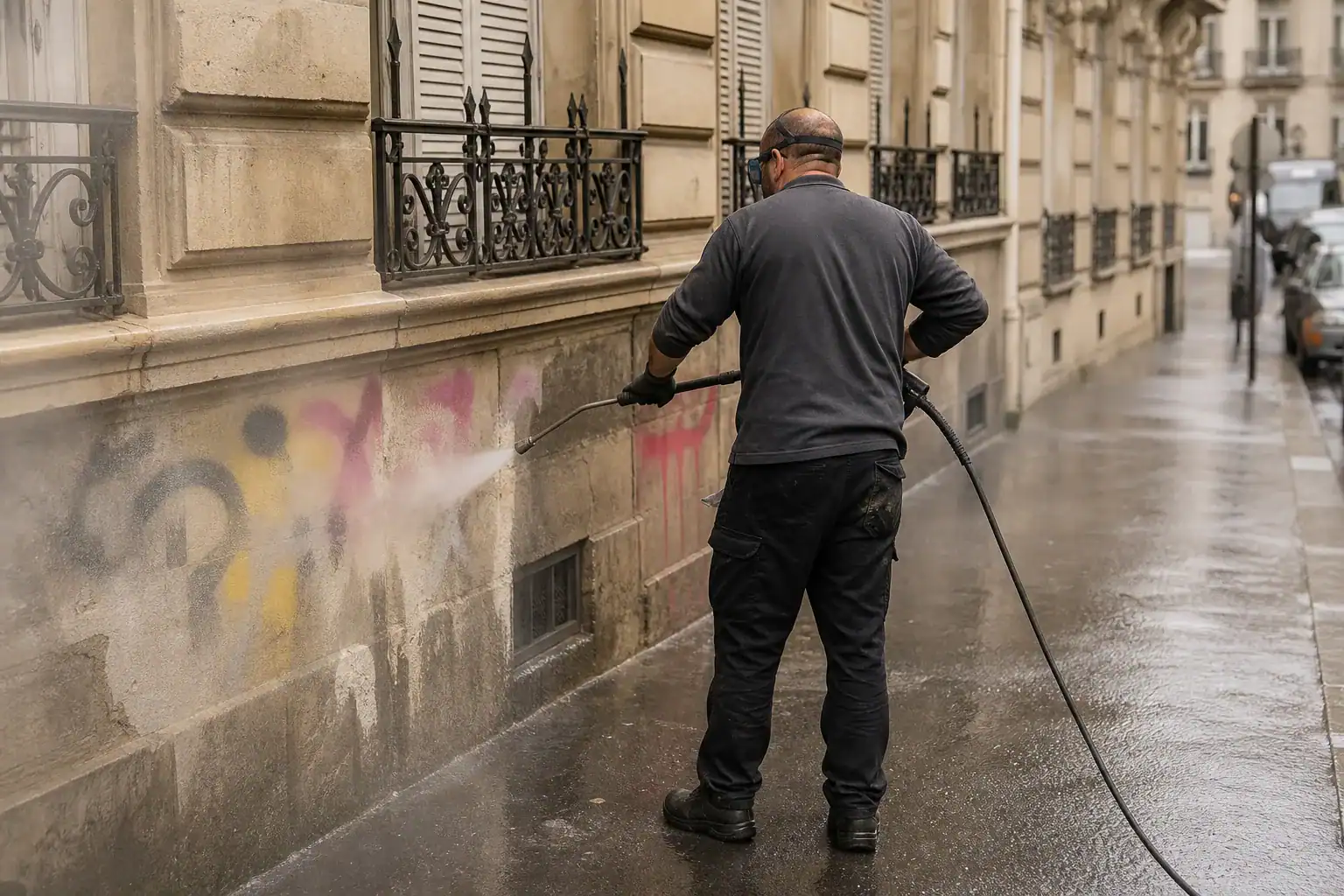 Technicien nettoyant des tags à la haute pression sur un immeuble haussmannien à Paris