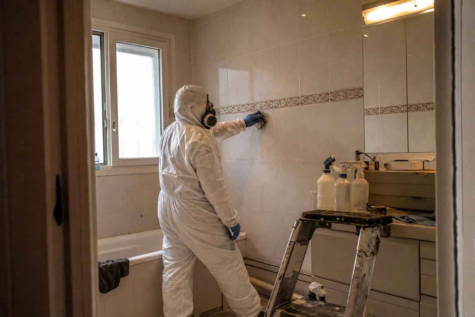 Désinfection d'un carrelage de salle de bains dans les Hauts-de-Seine, nettoyage après suicide