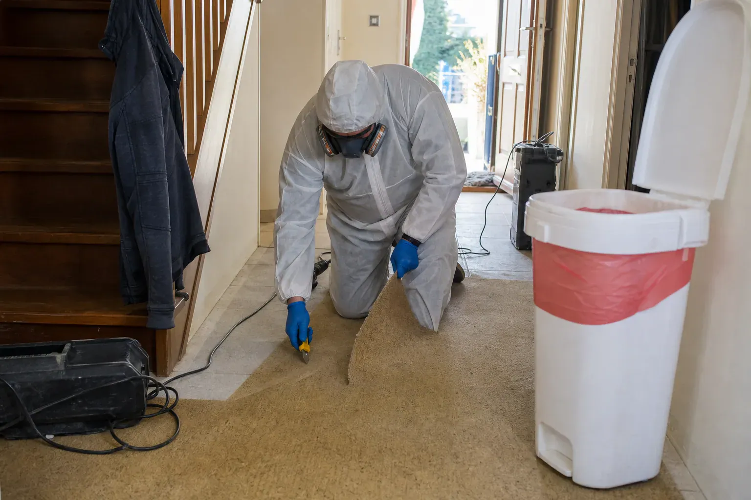 Découpe d'une moquette pour évacuation dans une maison de Seine-et-Marne lors d'un nettoyage de scène de crime