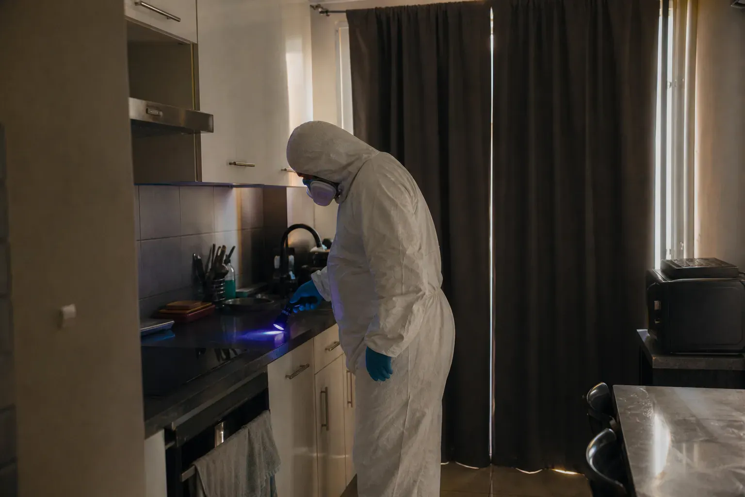 Contrôle à la lampe UV d'une cuisine dans le Val-d'Oise après un nettoyage de scène de crime