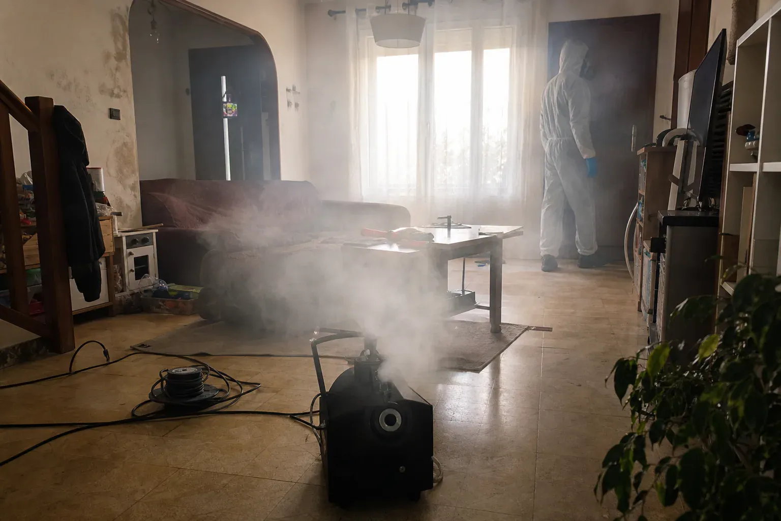 Nébulisation désinfectante dans le séjour d'un pavillon du Val-de-Marne, nettoyage de scène de crime