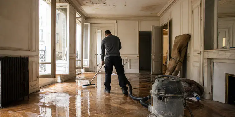 Parquet inondé raclé par un technicien, service de nettoyage après dégât des eaux