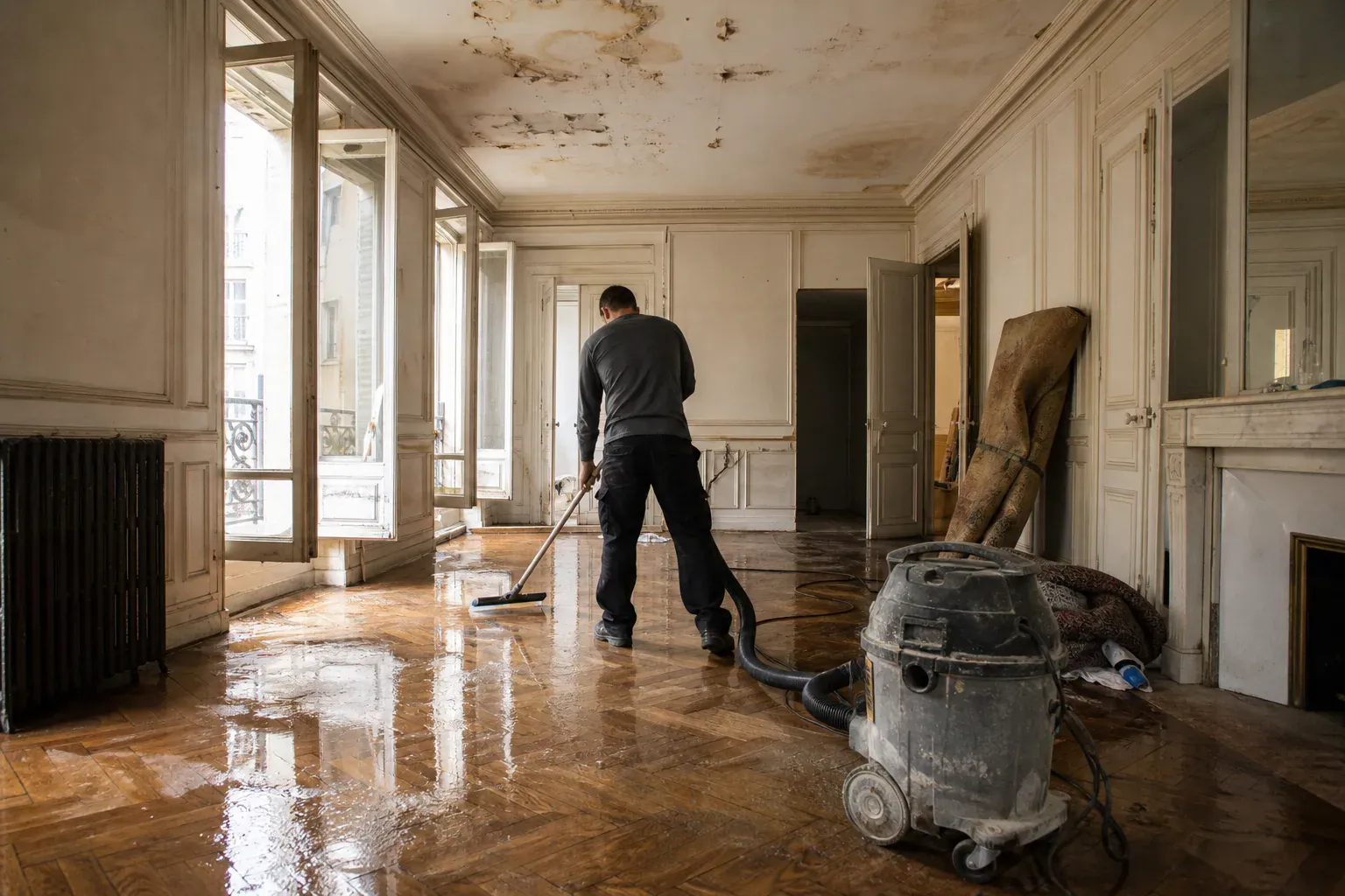 Technicien raclant un parquet inondé dans un appartement haussmannien à Paris lors d'un nettoyage après dégât des eaux