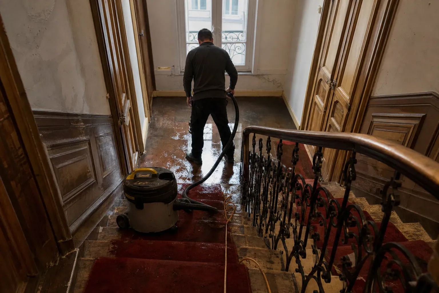 Aspiration de l'eau dans la cage d'escalier d'une copropriété parisienne après un sinistre