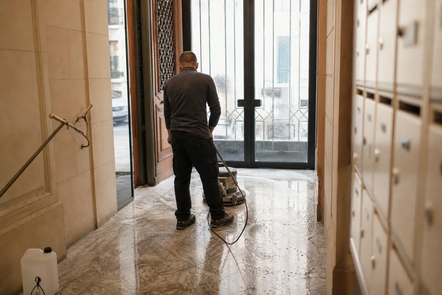 Lavage du sol en marbre du hall d'un immeuble parisien géré par un syndic après un sinistre