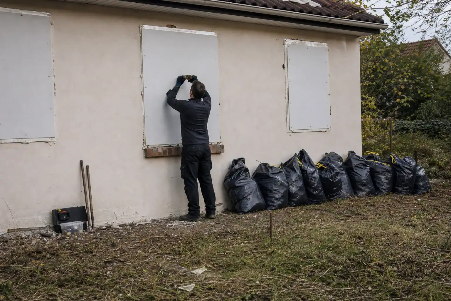 Pose d'une plaque anti-squat sur un pavillon vacant en Essonne après nettoyage